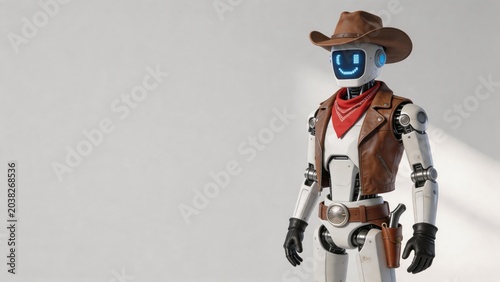 Artificial Intelligence meets Western style as a friendly robot cowboy represents innovation and new technology in a futuristic business landscape.