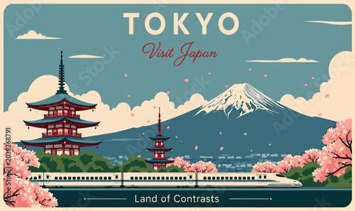 Fotografía Tokyo Japan Vintage Travel Poster Vector Illustration Featuring Mount Fuji Cherr