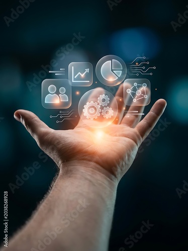 Human Hand Holding Glowing Digital Business Analytics Icons in Dark Setting