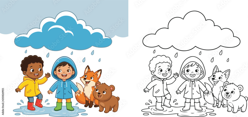 Fototapeta premium garden, dog in the park, a set of funny cartoon dogs, coloring book clip art, line art, drawn, hand drawn, rain, rainbow, cute cloud.