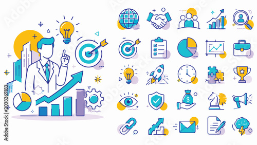 Modern business strategy icons set, professional corporate development vector elements, startup growth and marketing management graphics