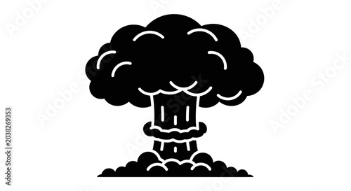 Tablou pe pânză Mushroom cloud explosion represents a powerful blast or atomic detonation in this stark black graphic symbol
