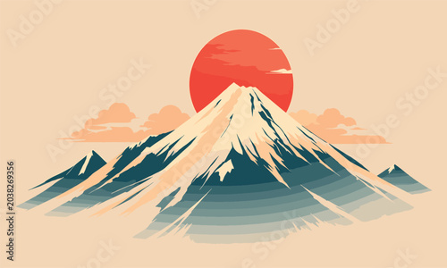 Foto Minimalist Japanese landscape vector illustration of snow-capped Mount Fuji with a large red rising sun and soft clouds on a vintage beige background for travel and cultural poster designs