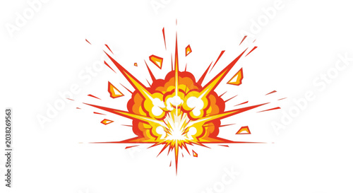 Vibrant cartoon explosion effect with fiery orange and yellow burst, dynamic sparks, and flying debris on a white background, representing impact, power, and energy.