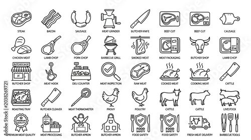 Quadro su tela Meat and butchery icon set with various food symbols