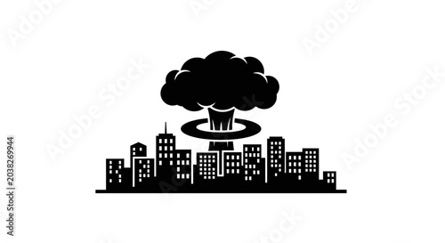 Fotografie City skyline faces a catastrophic nuclear explosion, symbolizing the devastating impact of war, global conflict, and the urgent need for international peace and nuclear disarmament