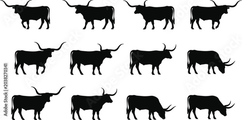 Foto Texas Longhorn Cattle Silhouette Collection with Grazing and Standing Bull Poses