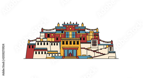 Fotografía Tibetan Monastery Building with Prayer Flags, Flat Design Illustration