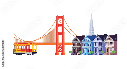 San Francisco Skyline: Golden Gate Bridge, Cable Car, Victorian Houses