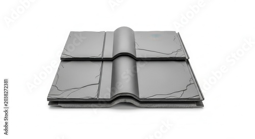 Modern dark grey concrete roof tiles isolated on white background.