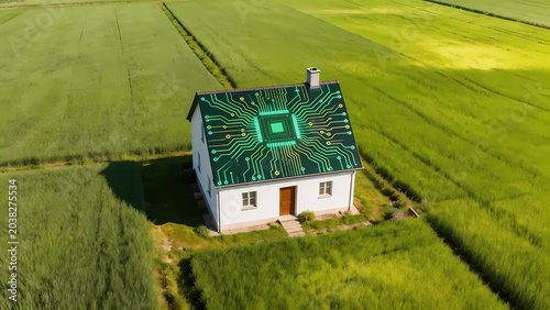 White house with green roof in fields