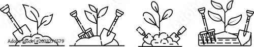 Foto Hand Drawn Tree Planting Icons Set Vector Illustration, Environmental Conservati