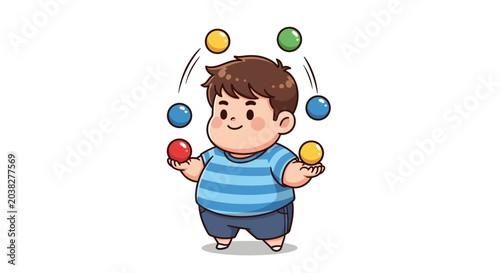 Happy cartoon boy juggling colorful balls joyfully.