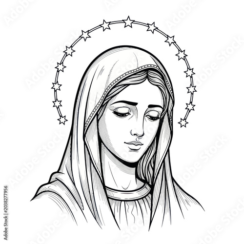 Konstfotografi Virgin Mary Black and White Drawing, Star Halo, Religious Iconography