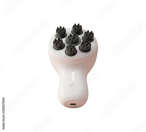 Electric scalp massager with silicone nodes, handheld head massage device for hair growth, portable white body massager for stress relief and wellness isolated on Transparent Background