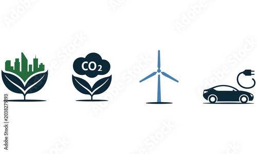 Environmental sustainability icons showing green city carbon emissions wind energy and electric vehicle charging for a cleaner future world concept