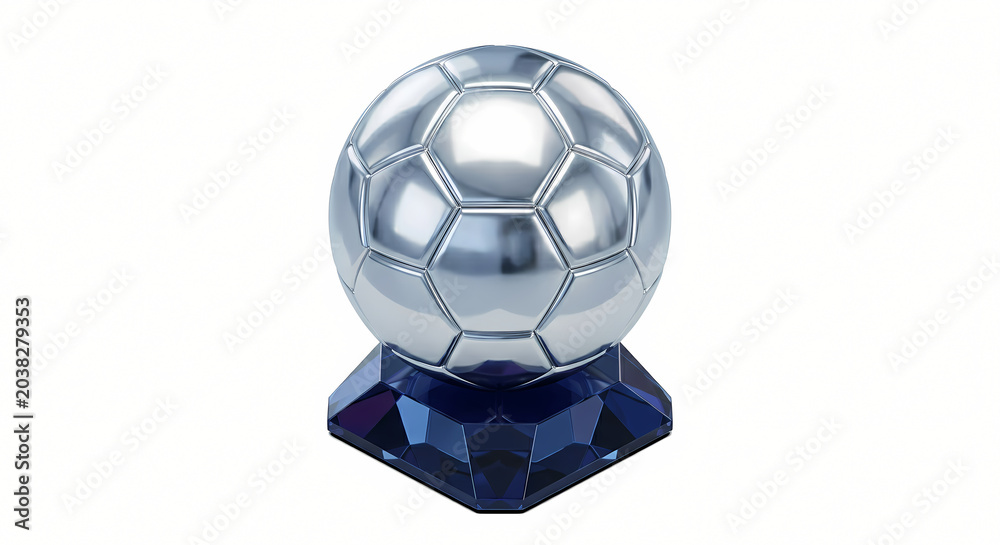 Naklejka premium 3D Isometric Modern Award Trophy, Reflective Silver Soccer Ball Sphere on Crystal Base, Isolated on White