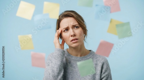 Woman stands amidst floating colorful sticky notes while appearing overwhelmed and deep in thought as she tries to manage her daily tasks and busy schedule in a chaotic mental state of confusion.