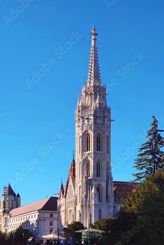 Canvastavla Stunning view of Matthias Church spire a famous Gothic cathedral and historical