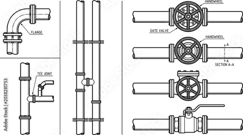 Tableau sur toile Industrial Pipeline Engineering Drawing Featuring Gate Valves, Flange Connection