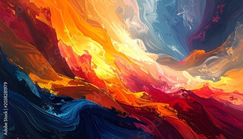 A vibrant abstract artwork featuring swirling streams of color, blending warm hues and cool tones in dynamic and flowing composition