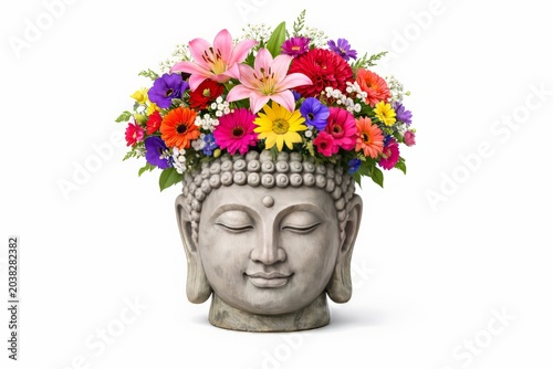 una cabeza de buda estilo maceta con flores en su cabeza