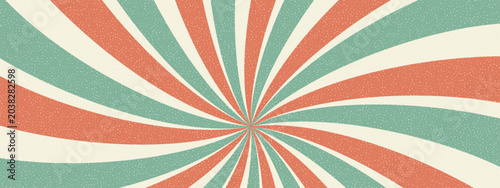 Retro circus swirl vector background. Coral, teal and cream spiral stripes with grainy texture bursting from center, symbolizing vintage carnival, dopamine, groovy 70s, and funky poster.
