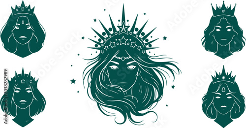 Fotografie Mystic queen portraits with starry crowns and ornate headdresses mystical feminine power divine beauty