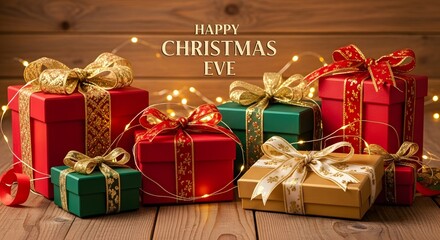 Colorful christmas gift boxes with ribbons and fairy lights