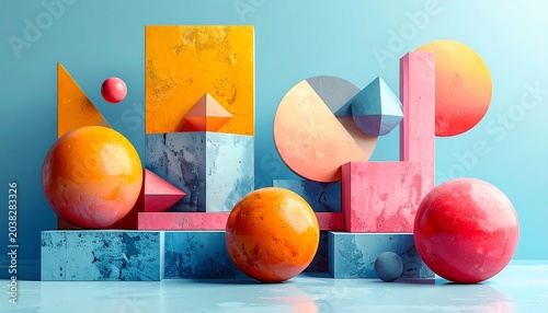 A vibrant abstract composition features geometric shapes arranged on a reflective surface against a gradient blue backdrop