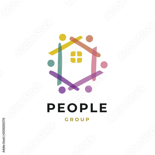 Abstract community house logo with people holding hands around it