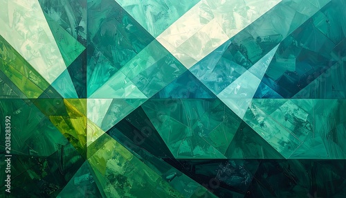 A vibrant abstract composition features intersecting translucent shapes and varied shades of green and teal, with a textured background