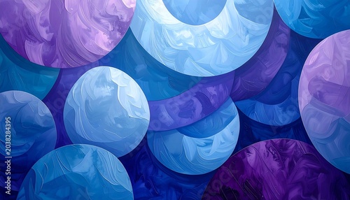 A vibrant abstract composition featuring overlapping spheres in shades of blue, purple, and lavender, with fluid, swirly textures