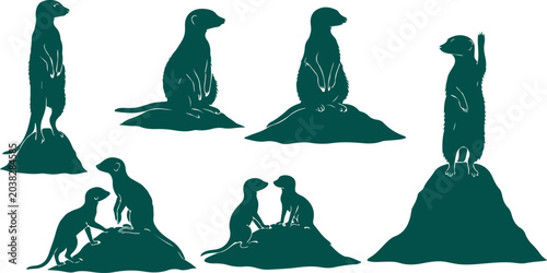 Foto Meerkat silhouettes set standing sitting interacting on mounds isolated on transparent background