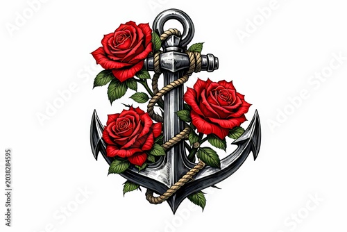 un tatuaje de ancla y rosas en fondo blanco