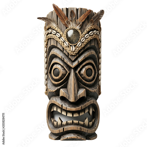 Carved Wooden Tiki Statue Decorated With Feathers And Seashells On An Isolated Transparent Background