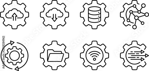 Black line icons of gear with cloud upload download database network