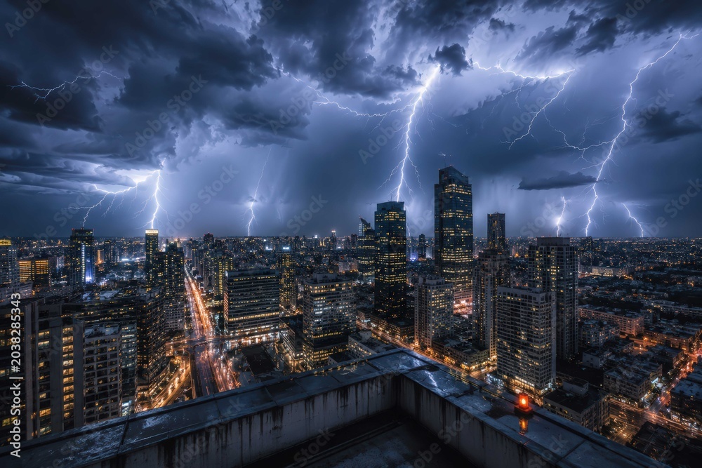 Fototapeta premium Severe thunderstorm with multiple lightning bolts striking modern city skyline at night above illuminated skyscrapers and dramatic storm clouds panorama