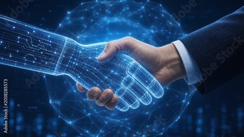 Businessman shaking hands with digital robot hand symbolizing technology partnership and futuristic innovation
