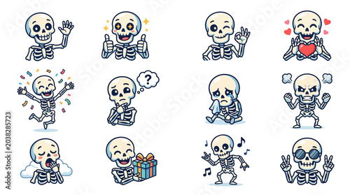 Cute skeleton character set with 12 expressive emoji poses