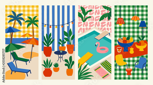 Set of 4 tropical summer holiday and lifestyle vector illustrations