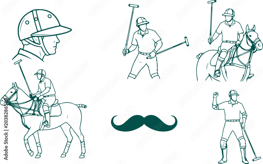 Obraz premium Polo players on horses with mallets and helmet in outline sketch style.