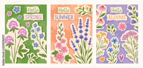 Foto Floral poster set in vintage paper collage style with hand-drawn doodle vector w
