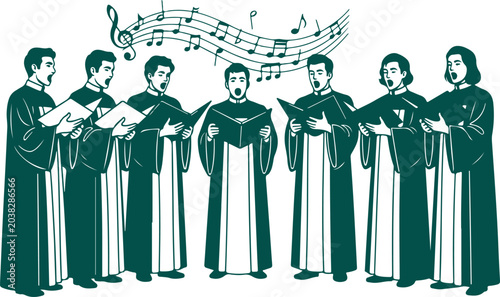 Photos Choir singing with musical notes in elegant green line art style.