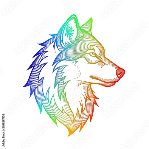 Stylized Rainbow Gradient Wolf Head Illustration With Intricate Line Art On A Transparent Background