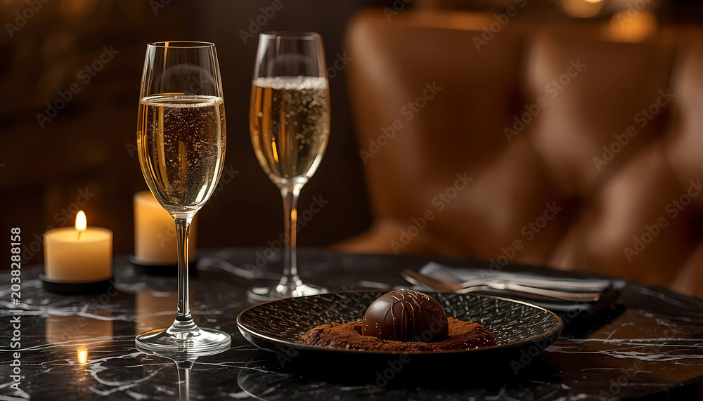 Fototapeta premium Champagne and chocolate on a black marble table