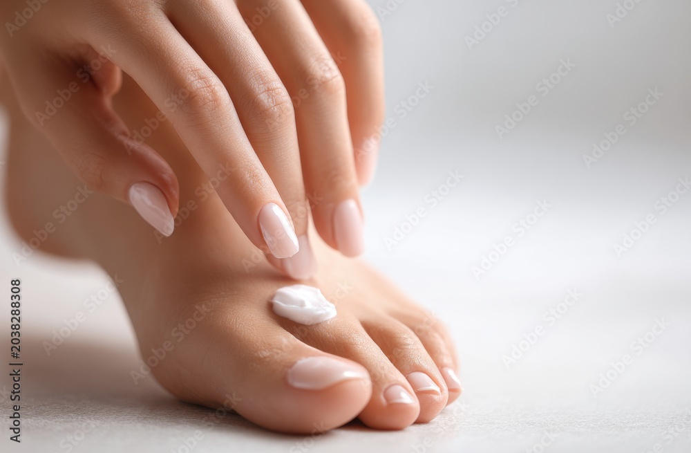 Naklejka premium Hands applying moisturizer cream on feet for soft skin with skincare moisturizer softening treatment cosmetic wellness pedicure softness relaxing dermatology application close-up pampering