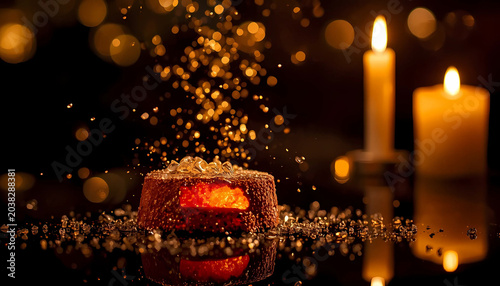 A warm bath bomb with golden light and candles nearby