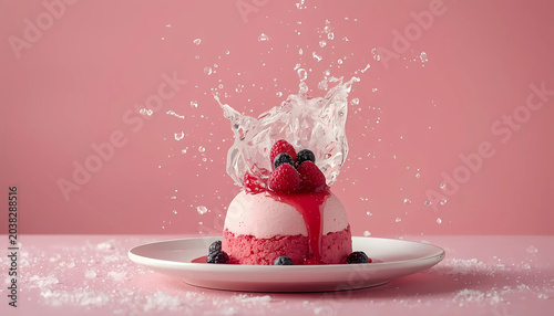 A pink dessert with berries on a white plate with water splash