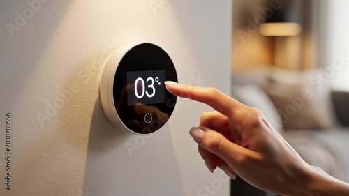 Hand adjusting a circular smart thermostat display on a wall, controlling home climate, heating, and cooling settings for energy efficiency.